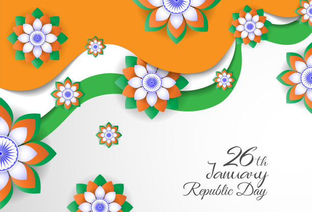 1月26日印度共和国日的背景设计以花朵形状的国旗和阿育王脉轮。模板海报，传单设计。图片下载