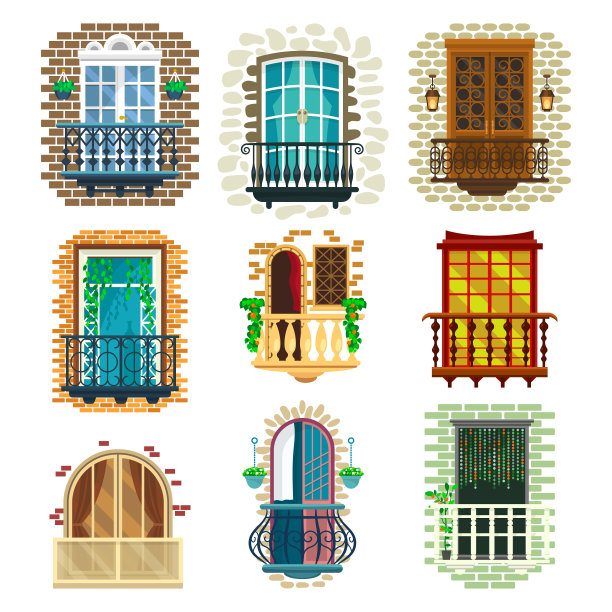 一套经典阳台栏杆，门廊，花盆图片下载