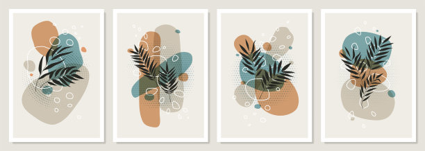 集热带树叶和彩色几何形状拼贴，抽象蜡笔斯堪的纳维亚艺术设计，可用于传单，海报，封面设计，社交媒体发帖图片下载