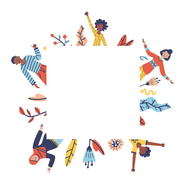 一群人:男人和女人站在一起。多元化、和谐、平等、宽容的理念。多元文化,国际社会。矢量stock方形框架与人，花，元素图片下载