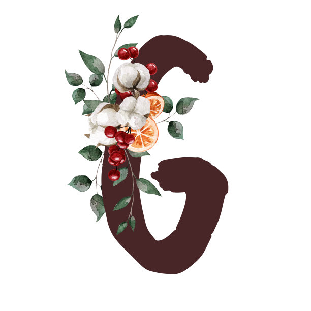 用大写字母G绘有树叶、棉花、浆果和橙色的水彩画。适用于明信片、请柬、礼品、宣传册、网站、宣传册、文字等。图片下载