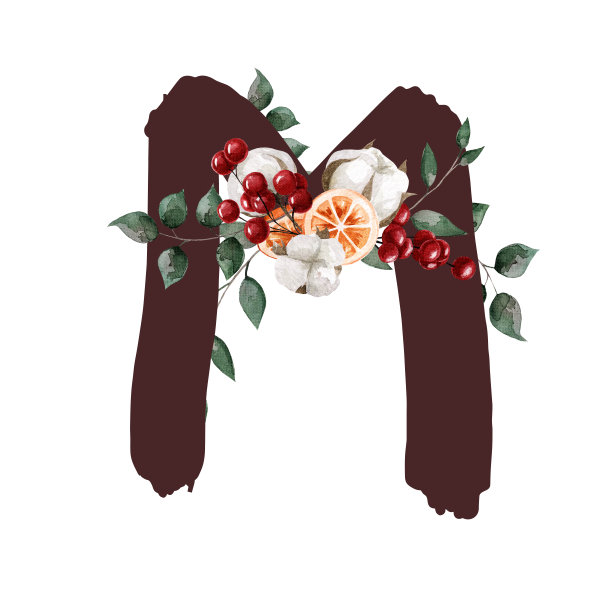 用大写字母M配以树叶、棉花、浆果和橙色的水彩画。适用于明信片、请柬、礼品、宣传册、网站、宣传册、文字等。图片下载