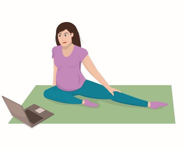 一个年轻的黑发孕妇在网上做瑜伽和体操，在笔记本电脑上观看课程。健康的生活方式和在线学习的理念图片下载