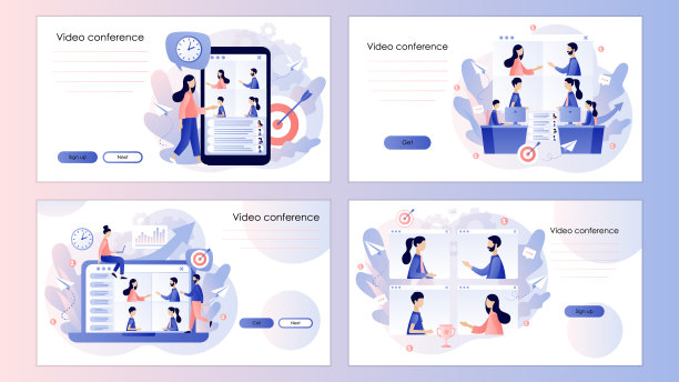 在线会议的概念。在线会议。小人在视频会议上发言。屏幕模板为手机智能手机，登陆页面，模板，ui, web，手机应用程序，海报，横幅，传单。向量图片下载