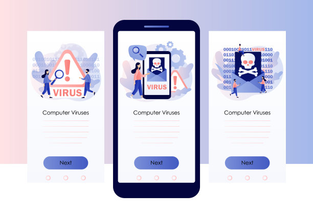 计算机病毒的概念。黑客攻击和网络安全。诈骗警报。垃圾邮件、恶意应用程序。手机智能手机屏幕模板。现代平面卡通风格。矢量图图片下载