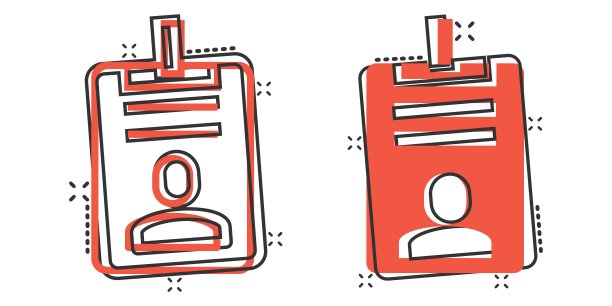 Id卡图标在漫画风格。身份标签卡通矢量插图在白色孤立的背景。驾驶执照飞溅效应经营理念。图片下载