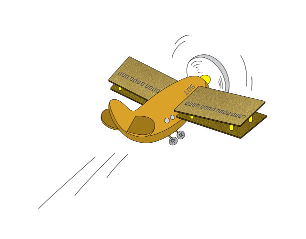 一架机翼由银行卡制成的飞机在天空中飞翔。幽默的例子图片下载