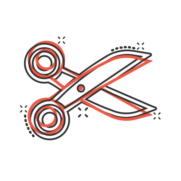 漫画风格的剪刀图标。切割设备卡通矢量插图在白色孤立的背景。切割机飞溅效应的经营理念。图片下载