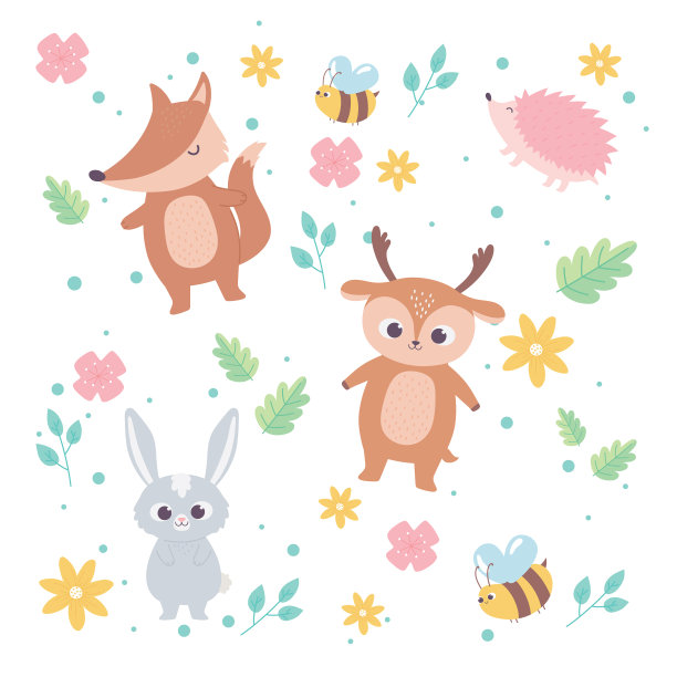 可爱的卡通动物野生小狐狸鹿兔子图片下载