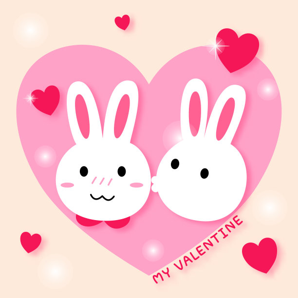 一群可爱甜蜜的心形兔子在情人节。图片下载