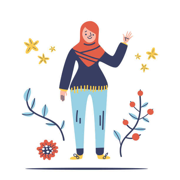 手绘风格的现代头巾女性，白色背景隔离。穆斯林矢量插画，包含花卉元素：花朵、树枝、叶子。可爱的卡通年轻伊斯兰头巾女性。EPS剪贴画集图片下载