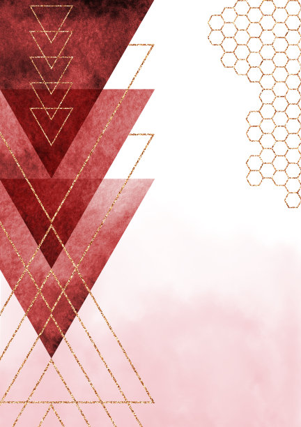 用水彩和装饰元素绘制的抽象艺术插图。带有金色飞溅和线条的几何形状。三角形的金字塔孤立在白色背景上。图片下载