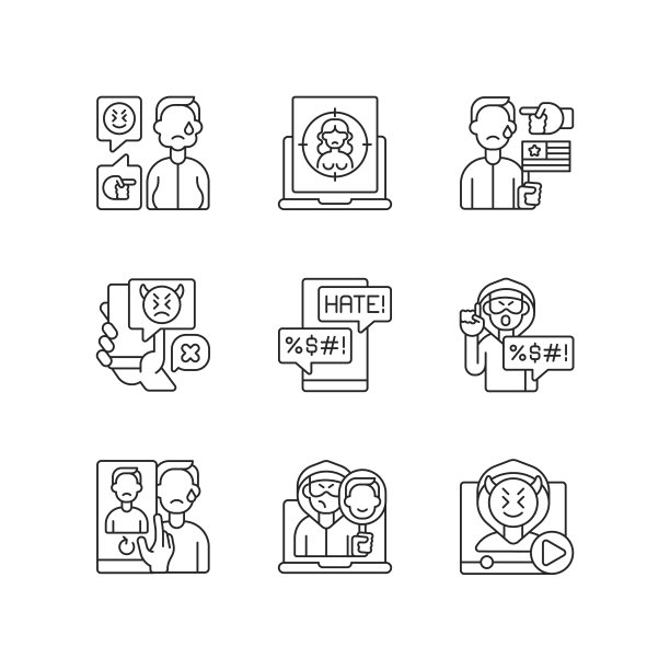 网上骚扰欺凌线性图标集图片下载