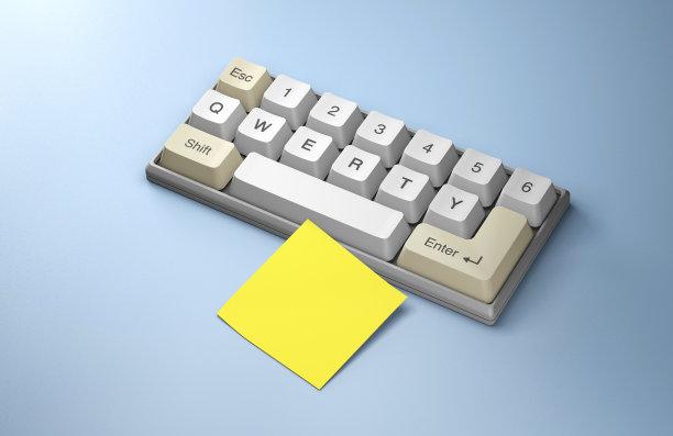 键盘与按键QWERTY。如何制作一个好的密码的概念。黄色办公室贴纸，注意事项。3 d渲染。图片下载