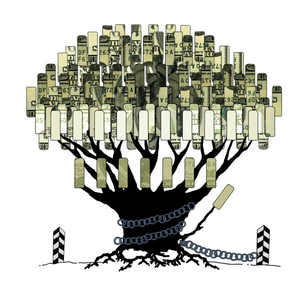 一棵老橡树上挂着美钞碎片的叶子，被拴在柱子上。钱的保护。幽默的例子图片下载