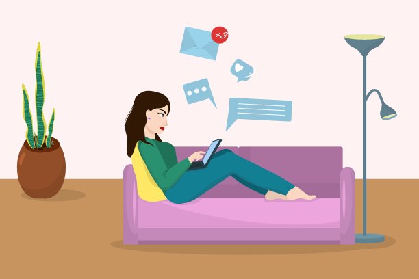 年轻的黑发女子躺在沙发上用笔记本电脑工作。在家工作和自由职业的概念图片下载