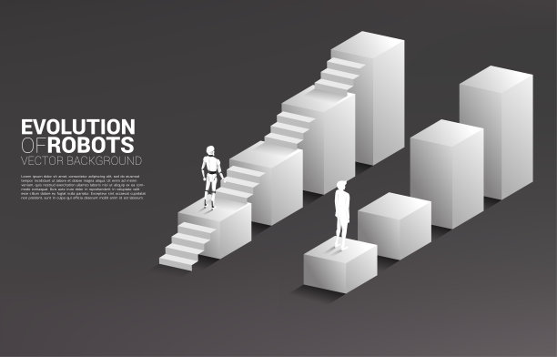 商人和机器人在不断增长的图形上移动，唯一的机器人和楼梯。图片下载