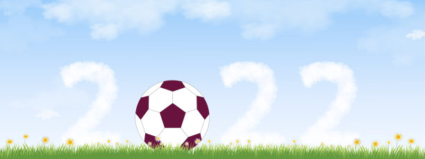 新年欢声笑语，2022飘飘白云，蓝天上伴足球，草地上绿意盎然。矢量日历，排版文字2022字体在春天的田野花，草地和早晨的天空背景。图片下载