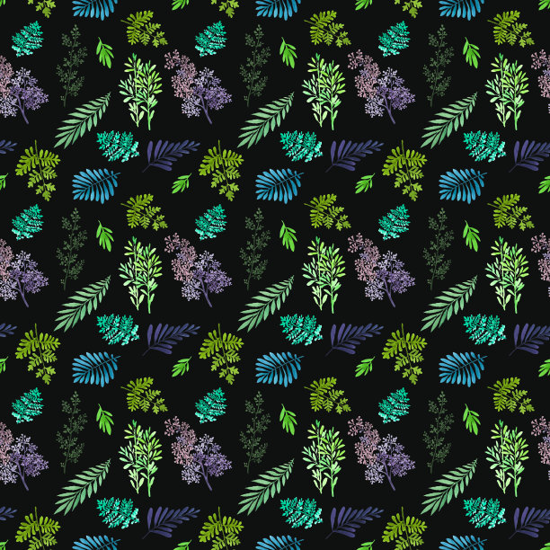 一种以黑色为背景的绿色植物的水彩画。与森林蕨类植物和其他野生草本植物的叶子质地无缝图片下载