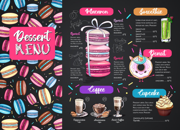 粉笔画甜点菜单设计与甜的法国马卡龙图片下载