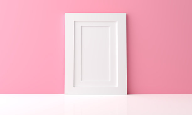 淡粉色的墙上挂着一个空的相框。模型海报白色框架在房间内部，模板模拟添加您的文本3D渲染，插图图片下载