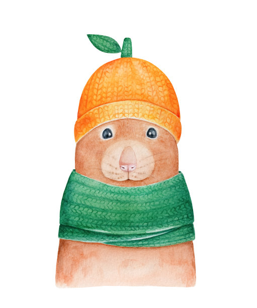 可爱的小老鼠宝宝戴着有趣的水果帽和绿色围巾的水彩插图。手绘水彩图形绘制，裁剪剪辑艺术元素的设计，贴纸，印刷，海报，卡片。图片下载