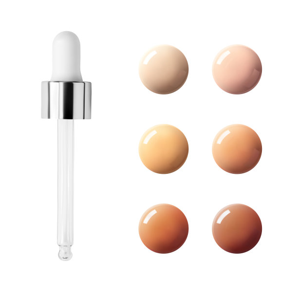 玻璃滴管和液体bb霜或粉底滴样。设置辉光CC奶油色样本孤立在白色背景现实向量插图图片下载