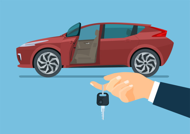 在购买或租赁时司机门是开着的现代汽车。拿着车钥匙的手。矢量平面插图。图片下载