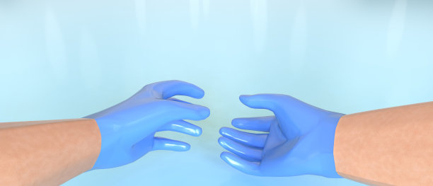 保护医疗保健。医生把手套放在蓝色背景- 3d渲染图片下载