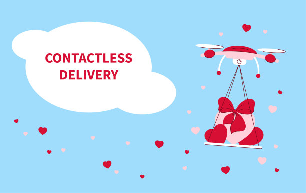 用无人机进行非接触式空中祝贺。设计和广告的概念。向量图片下载