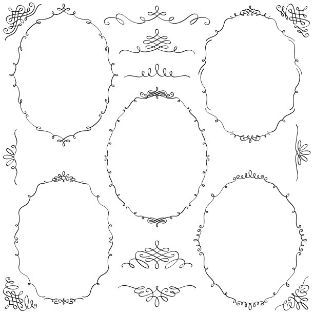 装饰插图套椭圆框架和书法线条艺术图片下载