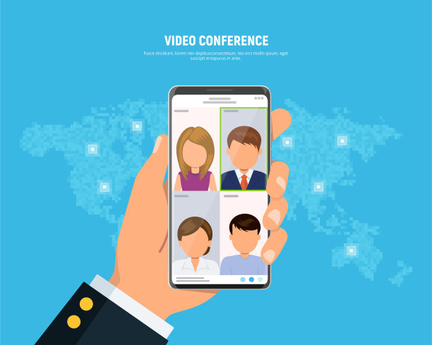 商人用屏幕上的视频会议电话。在线会议的概念。人们通过电话屏幕与同事交谈。视频会议电话。矢量插图在平面风格。图片下载
