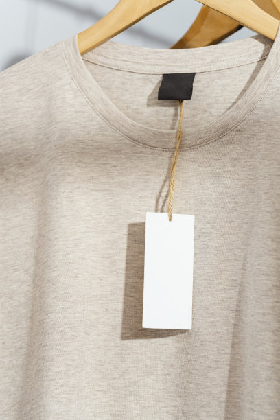米色t恤，木衣架上空白价格标签，挂在衣架上。图片下载
