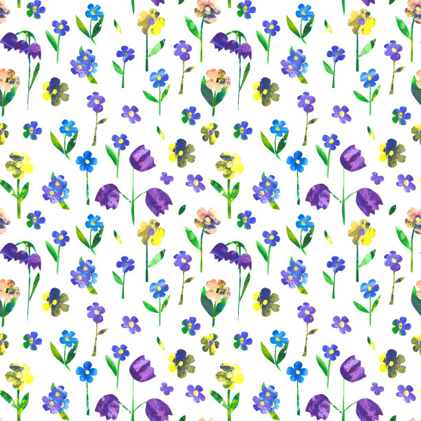 水彩花纸拼贴无缝图案上的白色背景。可爱的手绘工艺纸无尽的背景为您的设计。彩色的野地花墙纸。图片下载