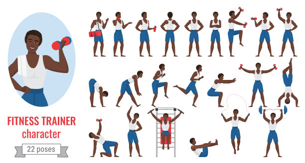 健身运动教练男子摆pose set，卡通年轻男性人物在拿着哑铃图片下载