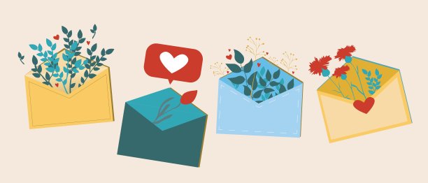 可爱的纸信封与花和植物孤立，网上浪漫概念，复古平面矢量股票插图与字母设置图片下载