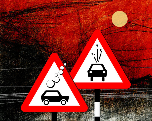 危险的道路。令人担忧的日落和碎石危险的迹象。插图。简单的石板铅笔和多色的纹理。图片下载