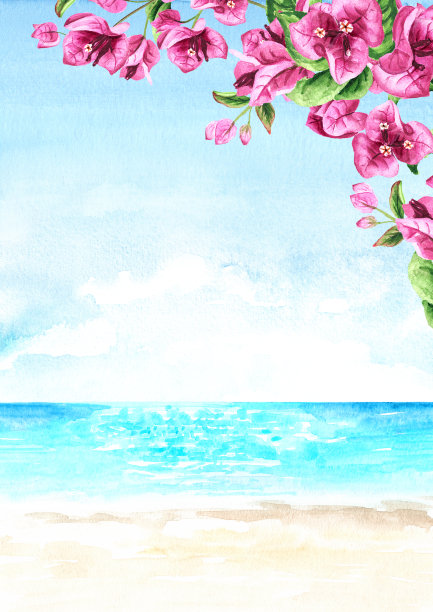 粉色九重葛画框，大海与蓝天与临摹空间，手绘水彩插图和背景图片下载