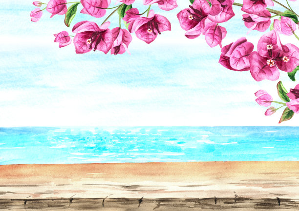 粉色九重葛框架，大海与蓝天，空板桌与拷贝空间。手绘水彩插图和背景图片下载