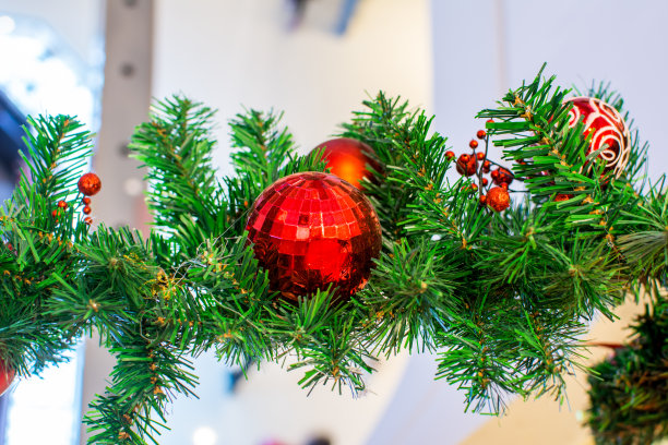 用挂在市场上的圣诞树树枝装饰红色的圣诞装饰物图片下载