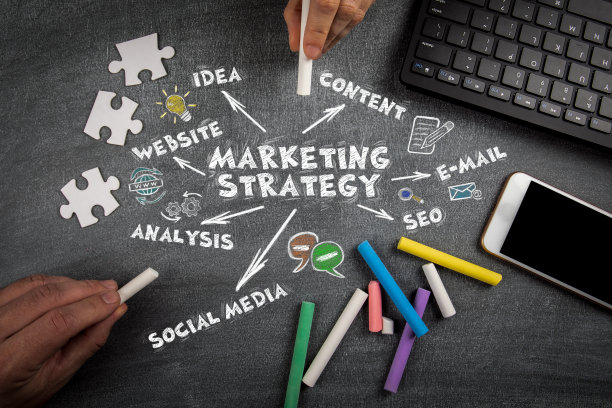 营销策略。网站，想法，内容和社会媒体概念。电脑键盘和手机图片下载