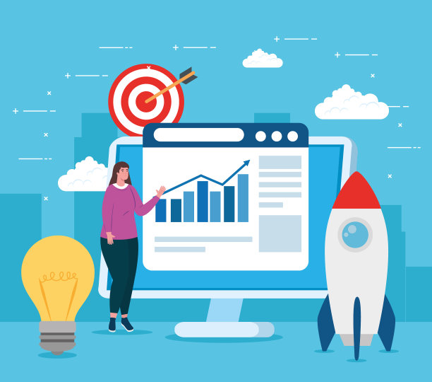 有灯泡、火箭和电脑的女人图片下载