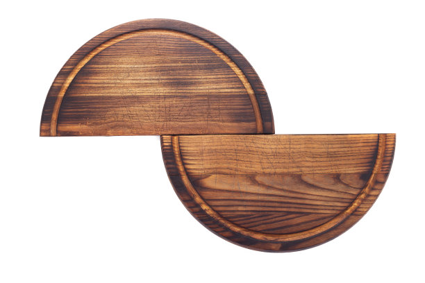 木制的披萨砧板孤立在白色的背景，空的木头托盘面包食品素材图片