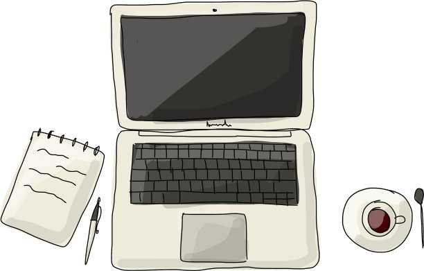 笔记本电脑和咖啡工作场所的草图图片下载