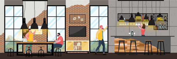 现代的咖啡馆内部在loft风格与充满图片下载