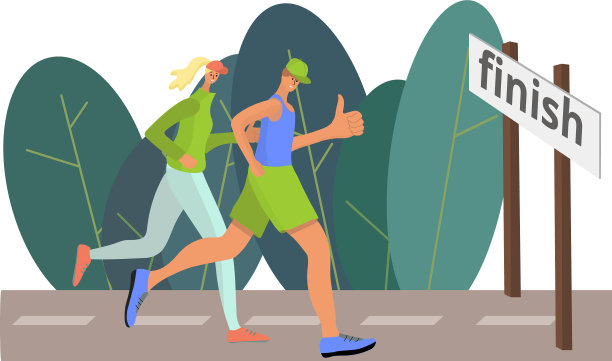 一个男人和一个女人跑到终点线并给予图片下载