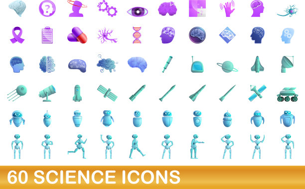 60个科学图标设置卡通风格图片下载