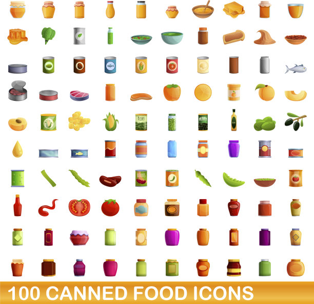 100个罐头食品图标设置卡通风格图片下载