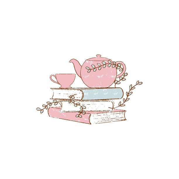 堆叠旧书，红色茶壶和杯子手绘图片下载