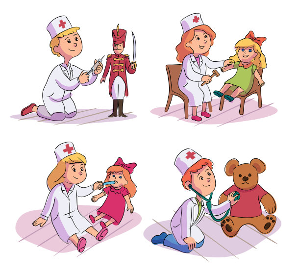 可爱的孩子玩医生治疗玩具场景设置图片下载